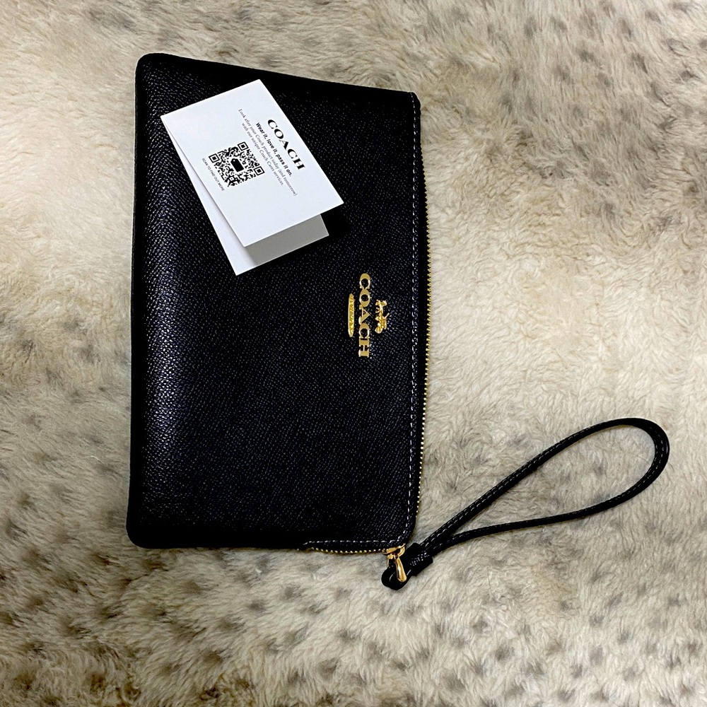 Coach Black Leather Wristlet with Gold Accents